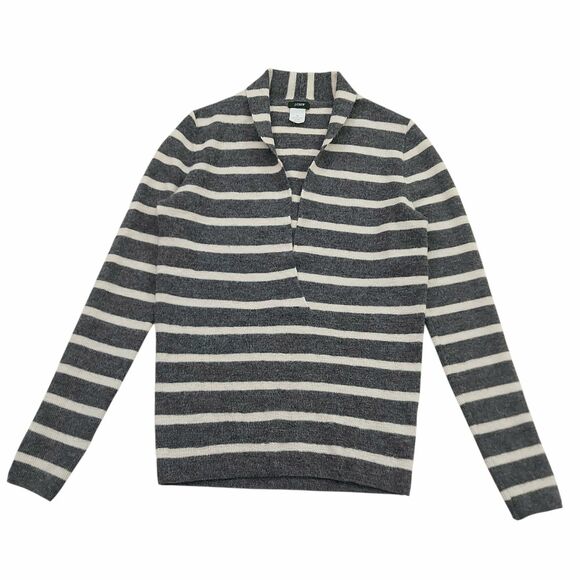 J Crew Sweater Womens XS Gray Stripes Knitted Baby Alpaca Shawl Collar Preppy - Picture 1 of 11